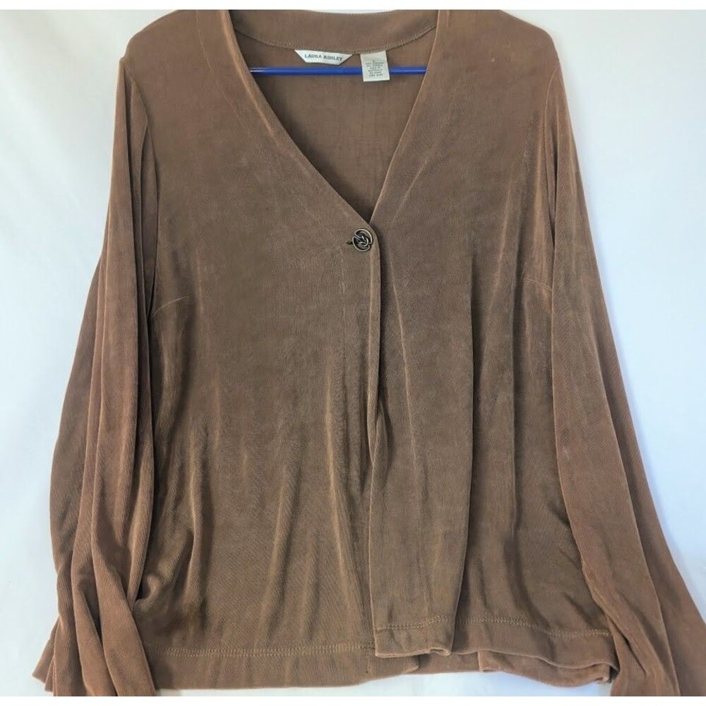 Laura Ashley Women's L Brown Velvet Knit Top V Neck Button Detail Stretch Soft